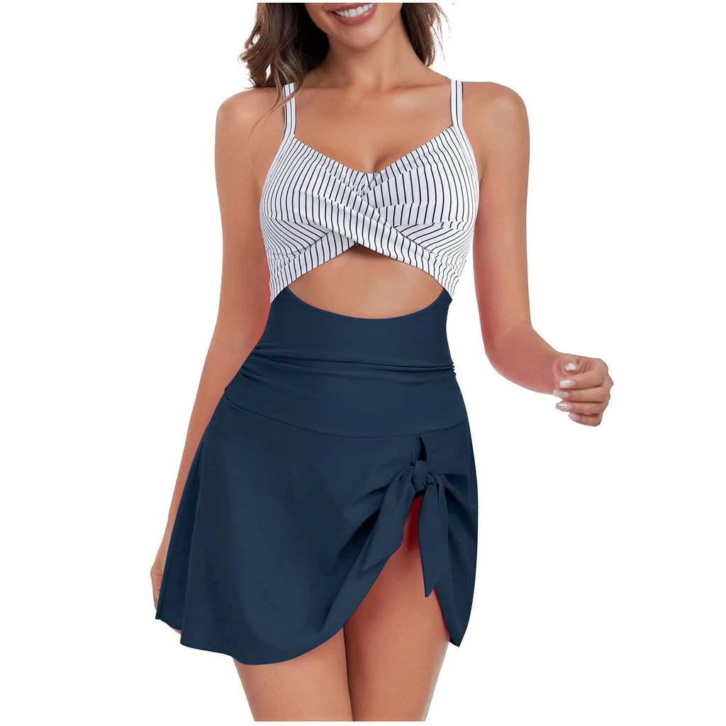 Women's strapped one-piece swimsuit in a solid colour, shown on a model, with European and American sizing.