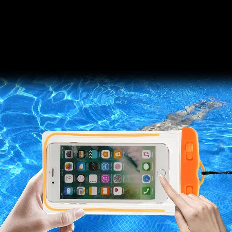 Universal waterproof luminous touch screen phone case in multiple colour options for outdoor sports.