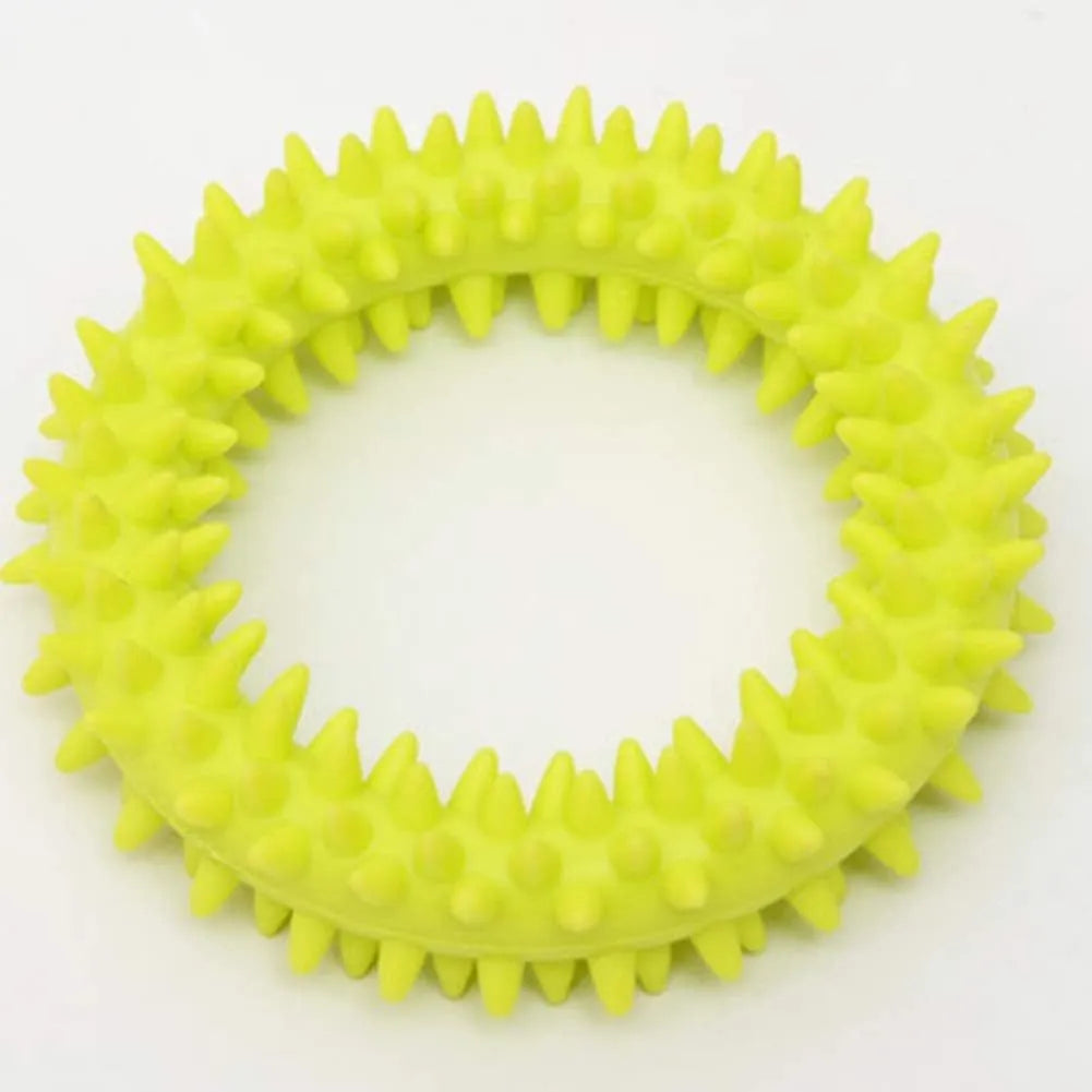 Blue spiky circle ring dog chew toy made of TPR for bite training and dental cleaning.