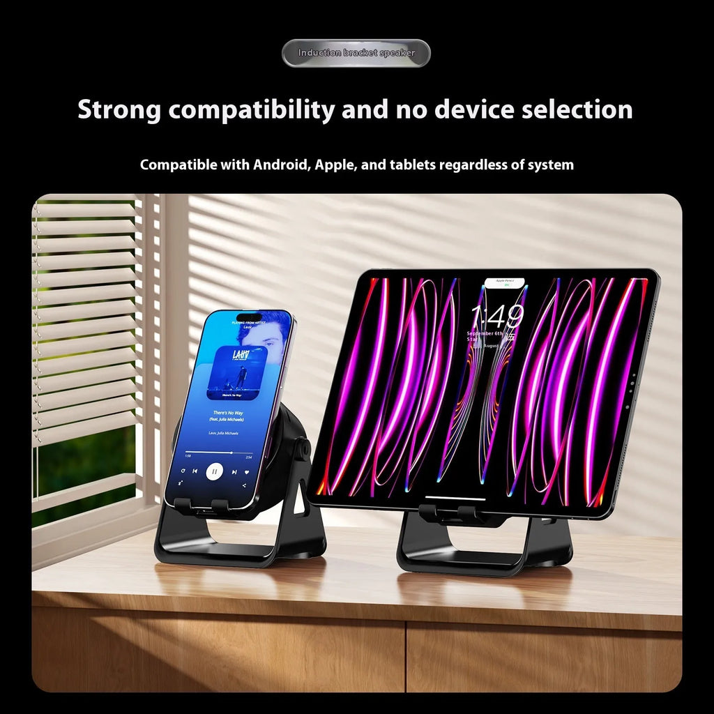 Automatic induction speaker bracket with wireless charging in black with voice prompt feature