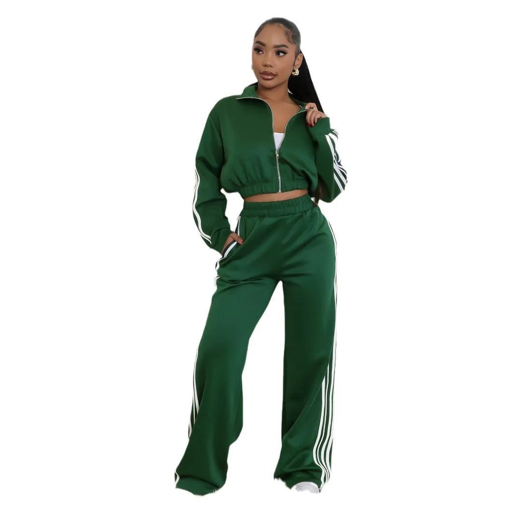 Striped zipper sweater and trousers two-piece set in street hipster style