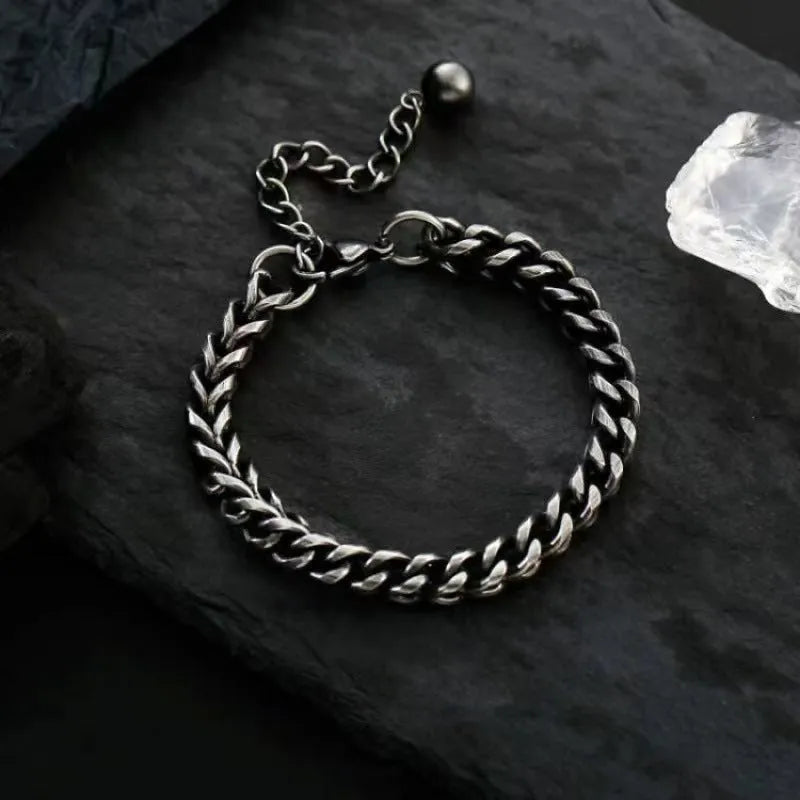 Titanium steel Cuban bracelet, 6mm wide retro geometric chain with round and oval links, men's unisex style