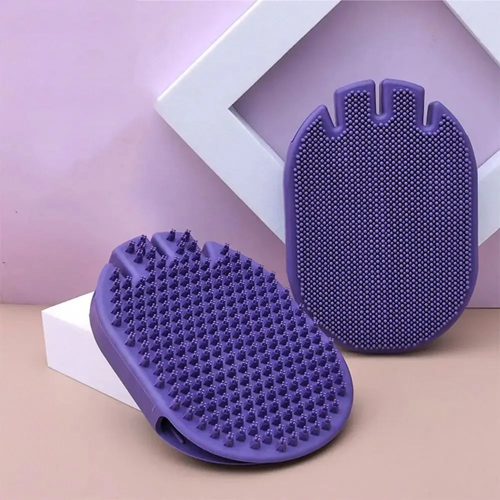 Purple dual-sided pet massage shampoo brush with soft TPR bristles and ergonomic handle