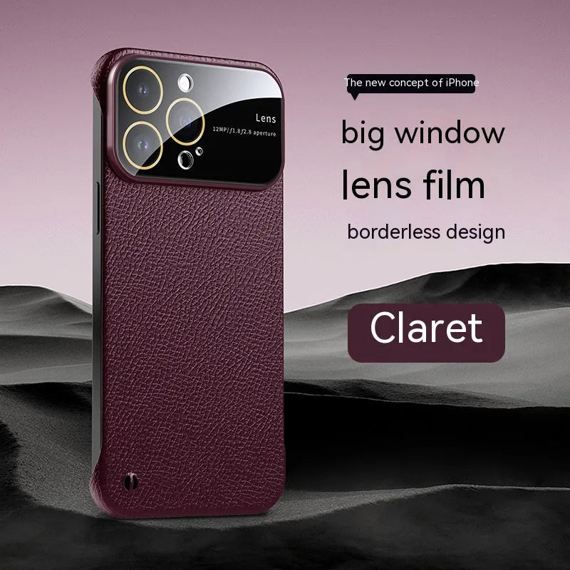 Frameless lychee pattern iPhone case in black, PC material, shockproof and anti-fingerprint, for iPhone 11 to 15 Pro Max.