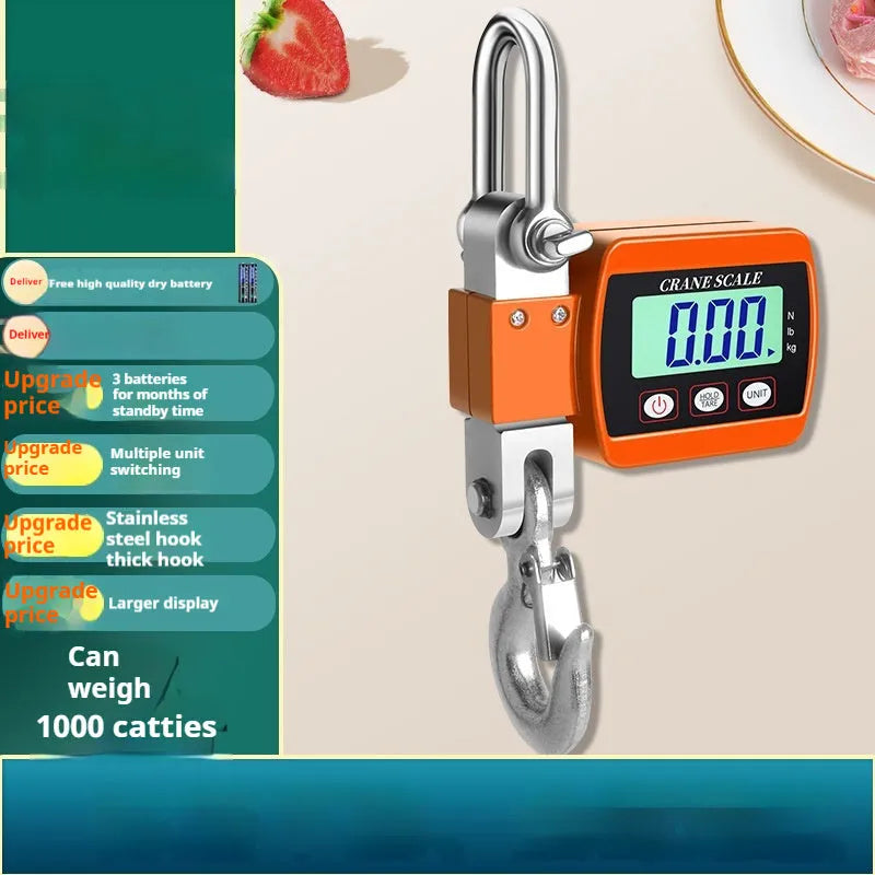 Digital hook scale with electronic display showing weight measurement