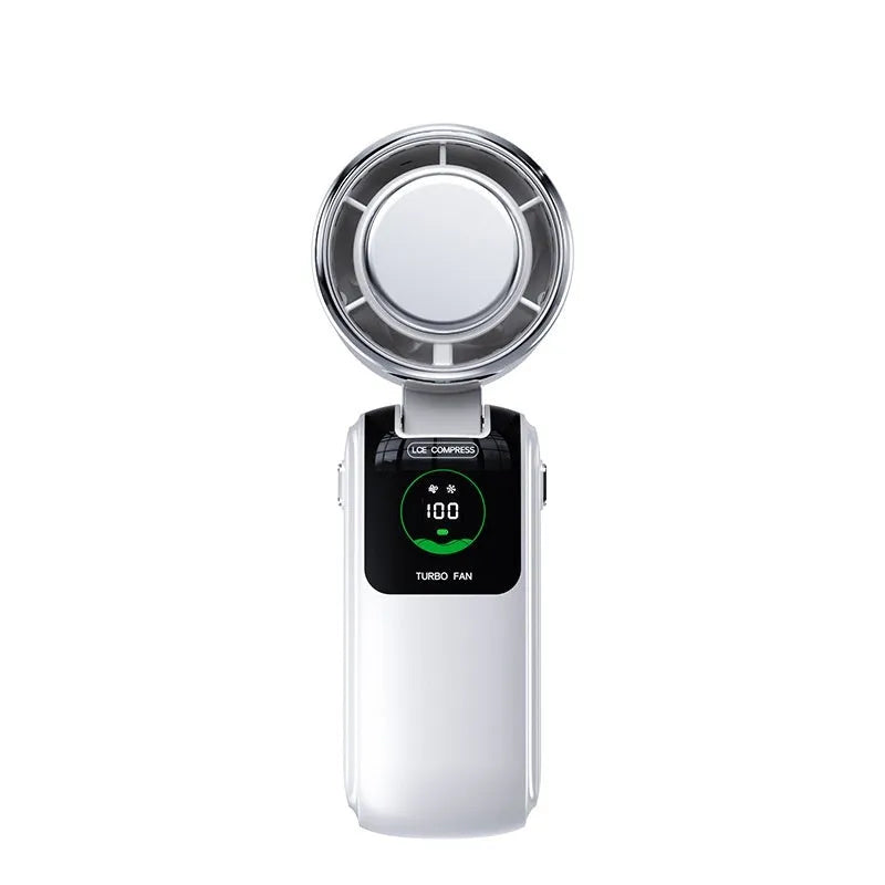 USB rechargeable handheld folding mini fan showing adjustable speed controls and compact folded design