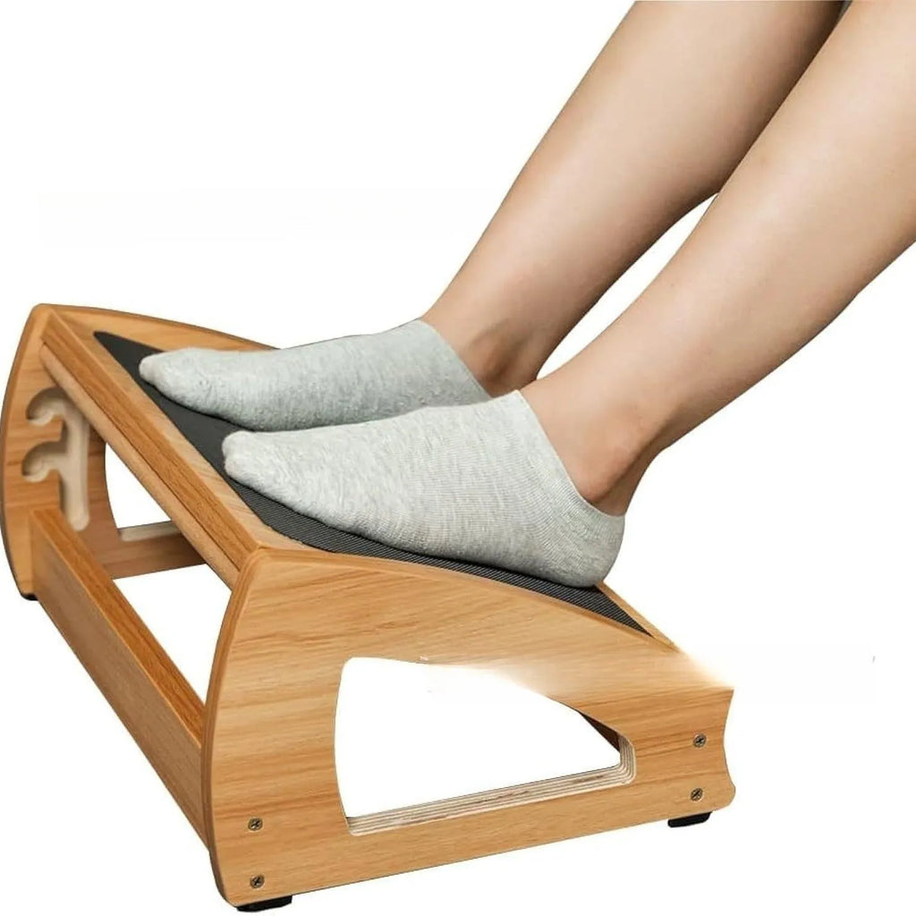 Wooden adjustable bamboo office desk footstool in wood colour