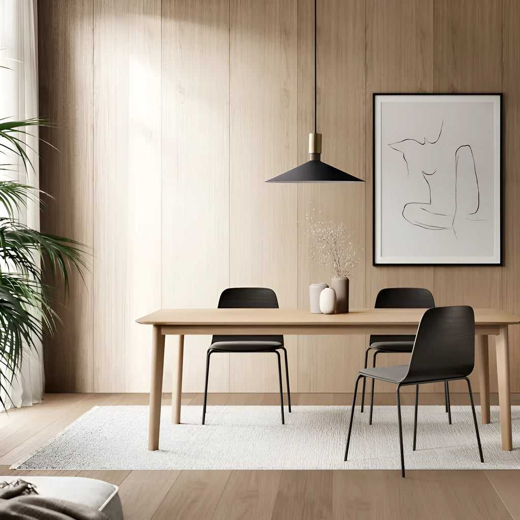 Minimalist single-headed round iron table lamp shown in black, 42cm diameter, hanging above a dining table