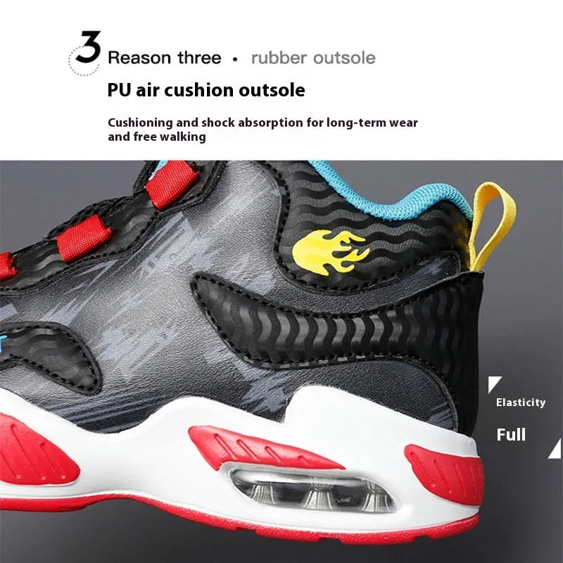 Children's rotating button basketball shoes in multiple colours with a synthetic leather upper and PU sole.