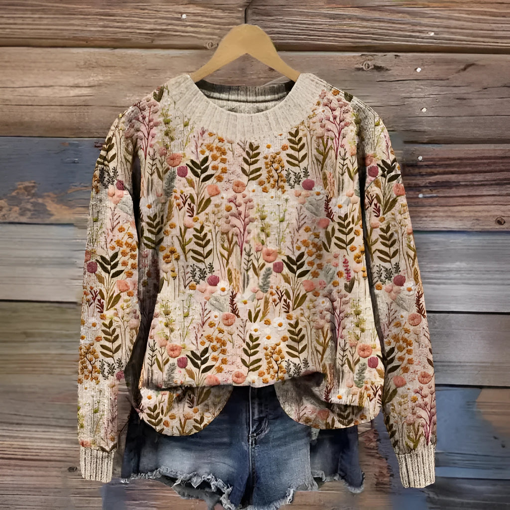 Little Flower digital printed round neck sweater in a floral pattern, available in multiple colours.