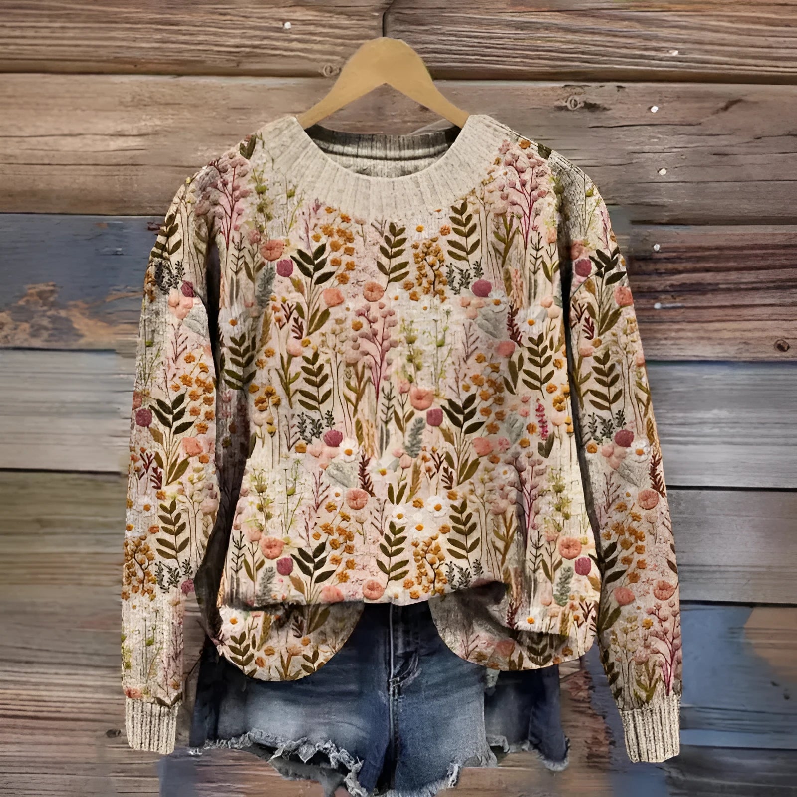 Little Flower digital printed round neck sweater in a floral pattern, available in multiple colours.