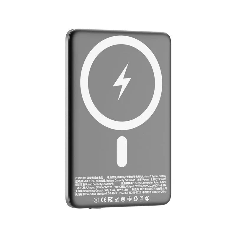 Gun grey magnetic wireless power bank showing slim alloy case with wireless charging surface