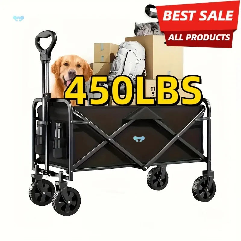 Heavy-duty foldable metal garden wagon cart with a storage box, shown in a collapsed and unfolded state.
