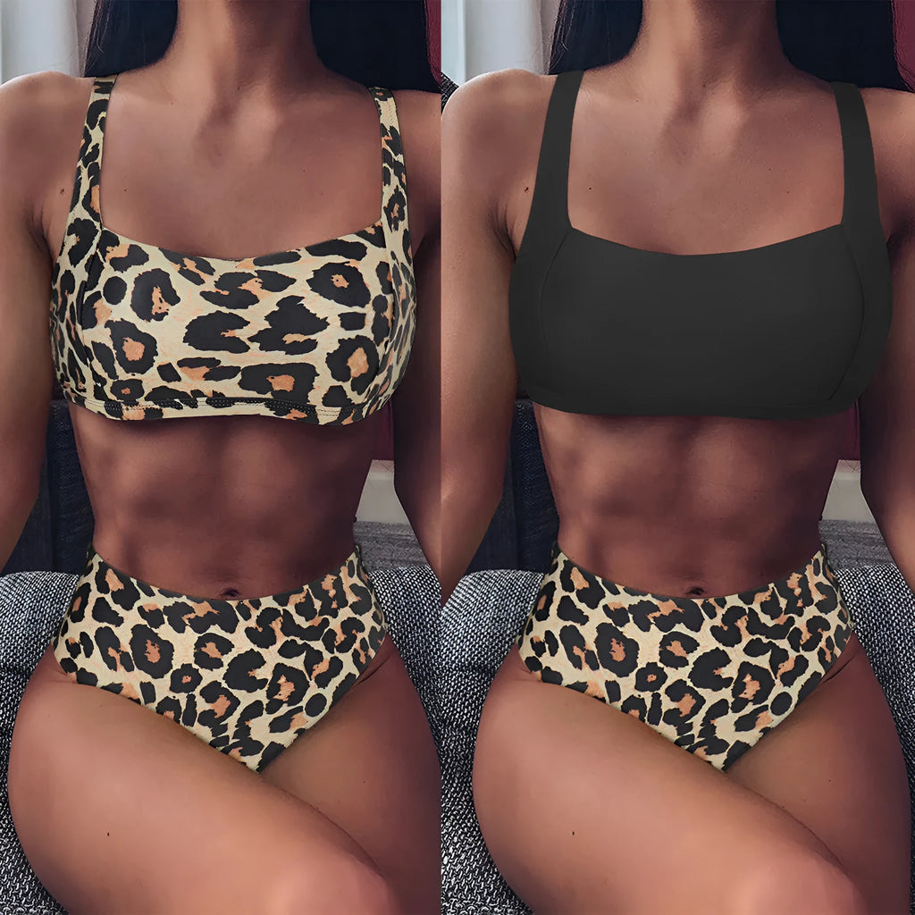 Women's leopard print high-waist bikini with push-up bra in polyester fabric