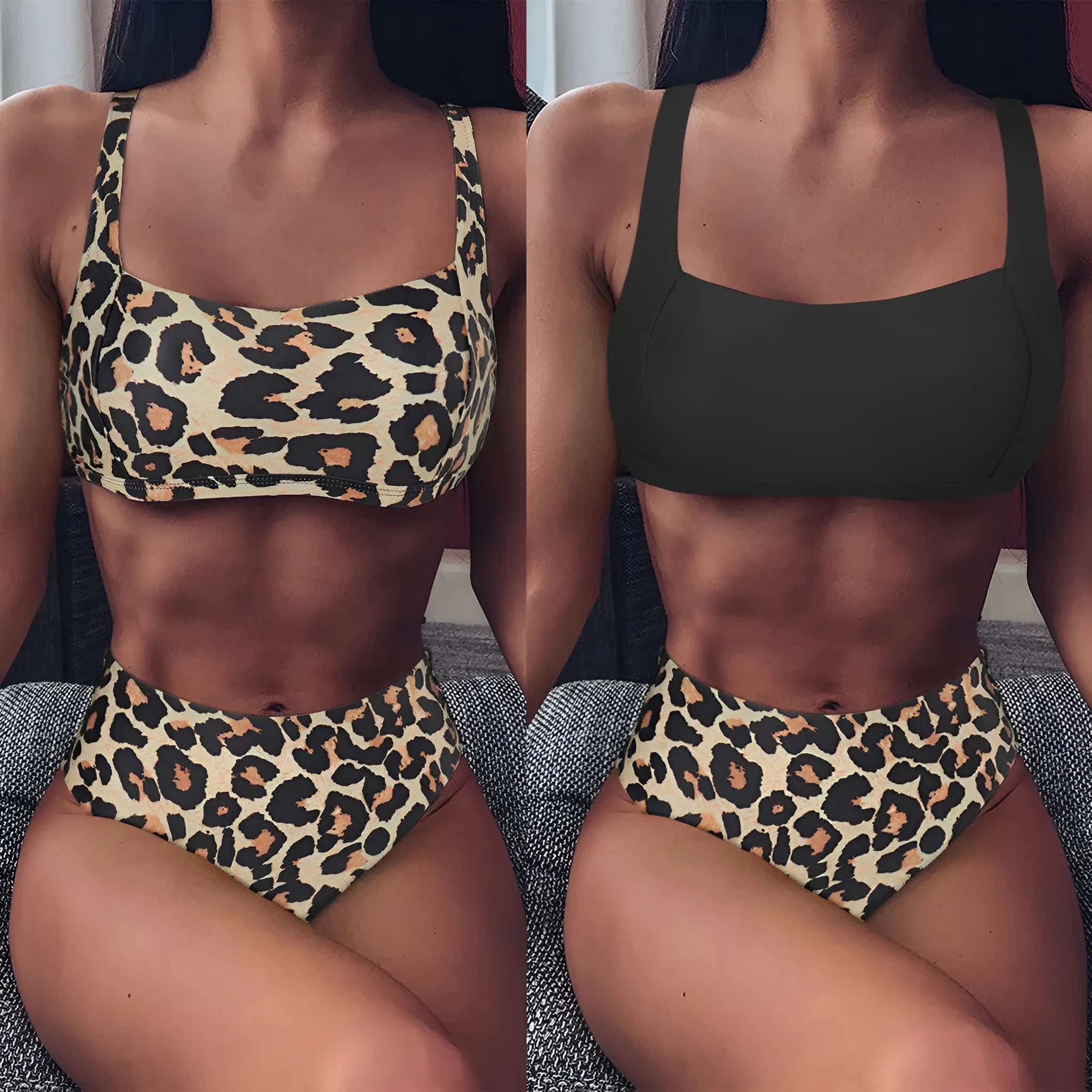 Women's leopard print high-waist bikini with push-up bra in polyester fabric