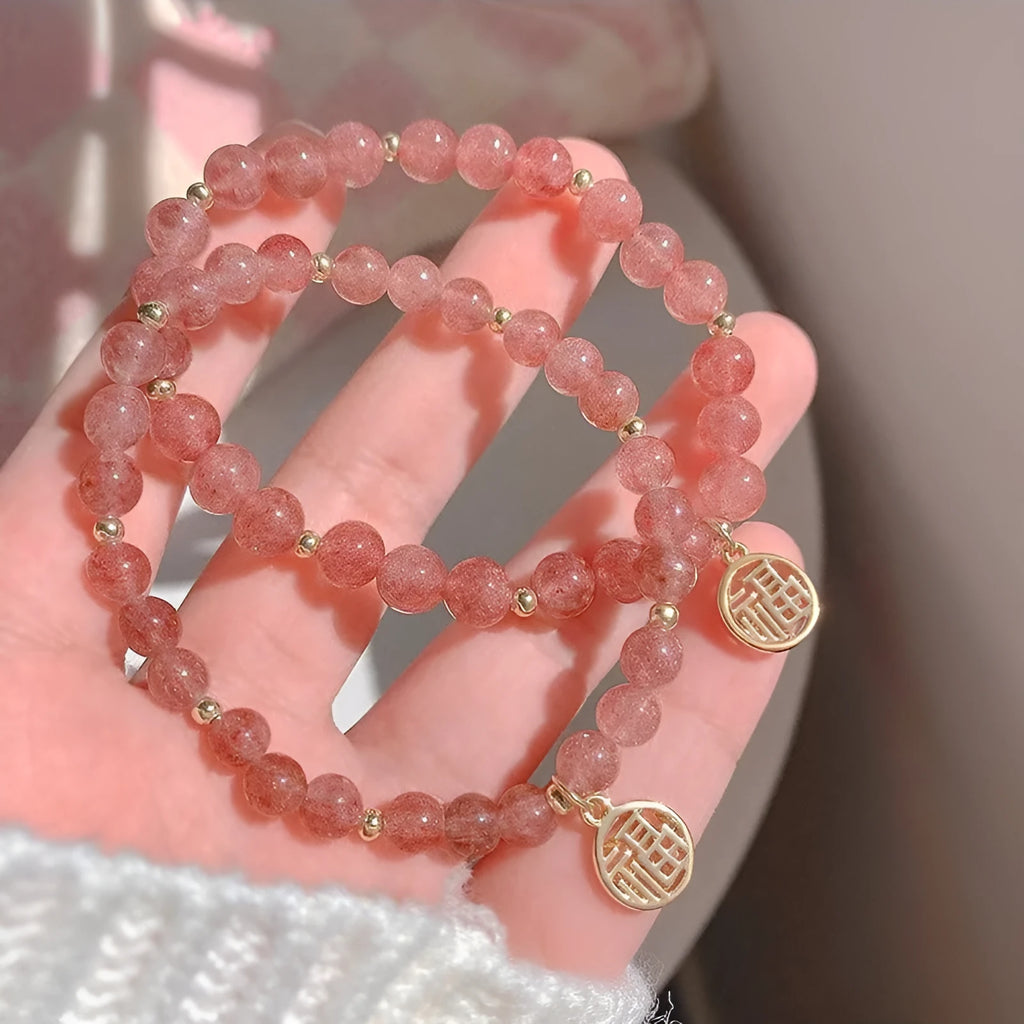 Strawberry quartz blessing card bracelet for women with glass beads and manual crafting
