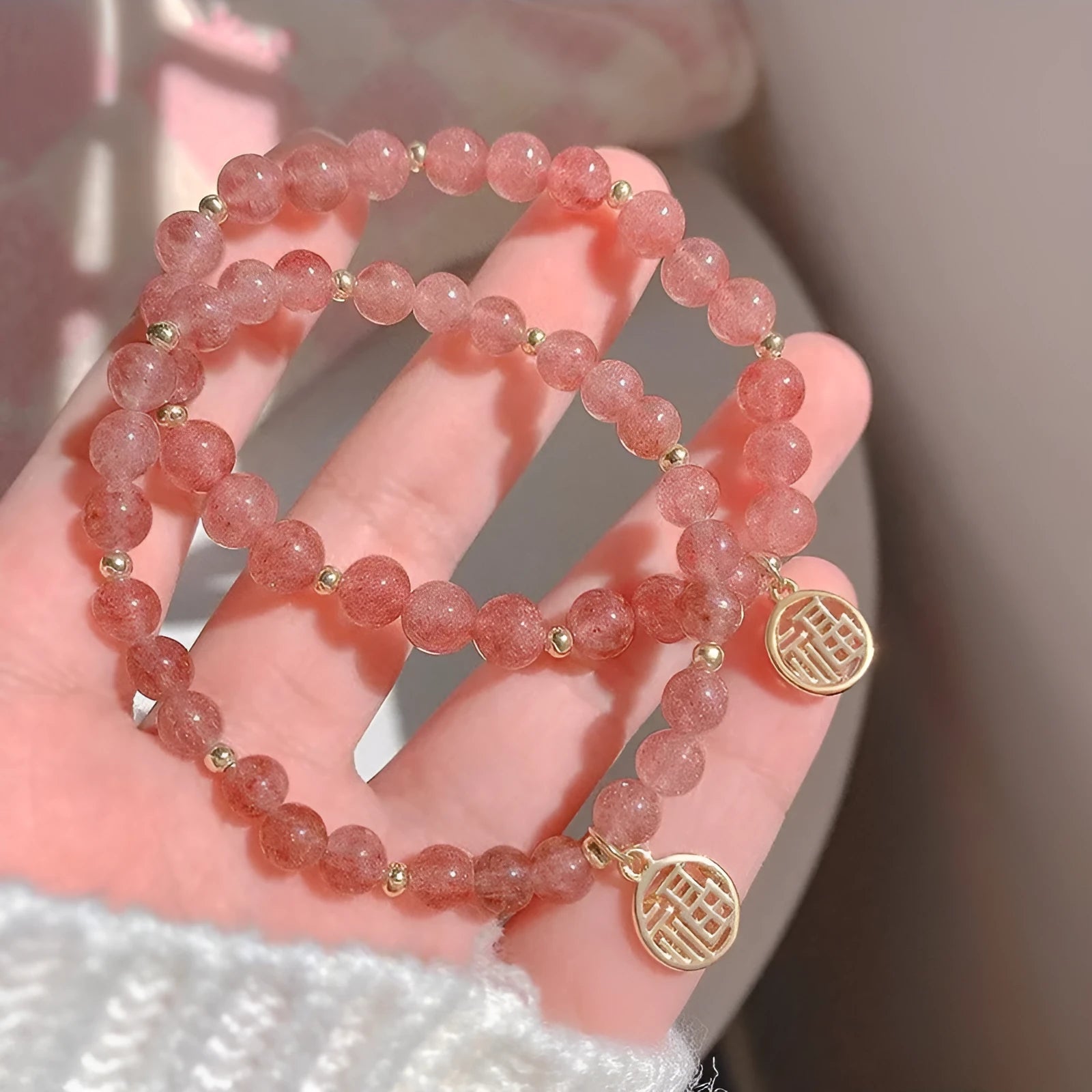 Strawberry quartz blessing card bracelet for women with glass beads and manual crafting