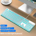 Button Mute wired mechanical keyboard with backlit keys on a desk, showing colour options.