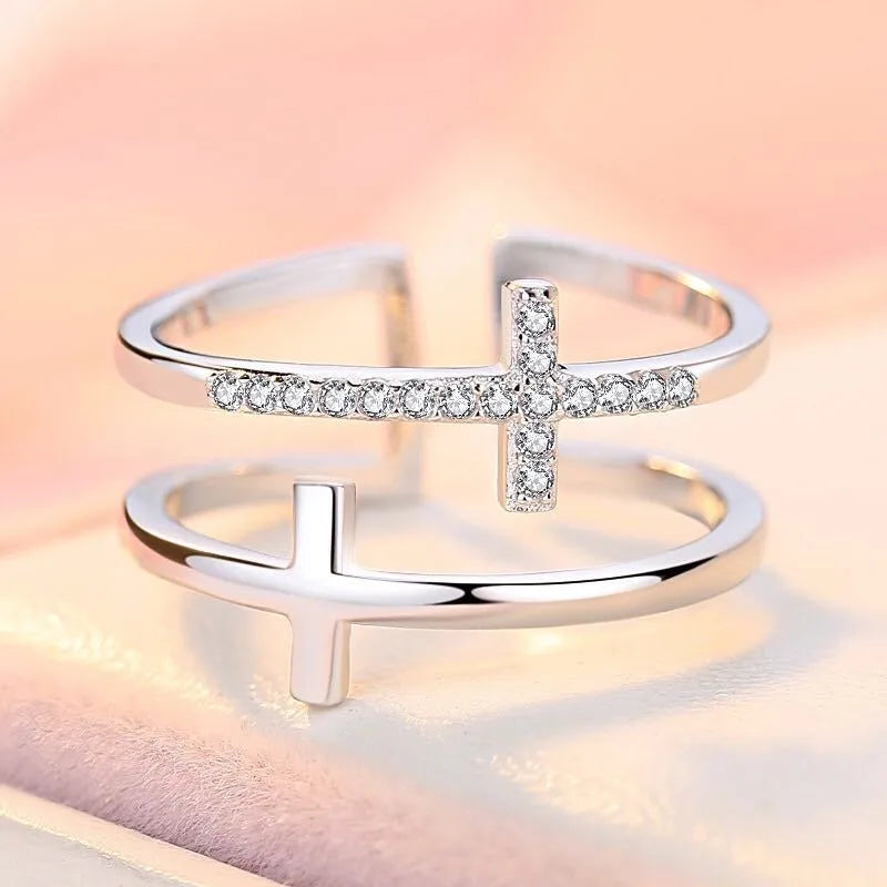 Women's adjustable copper ring with geometric design, white gold finish, and zircon gem inlay.