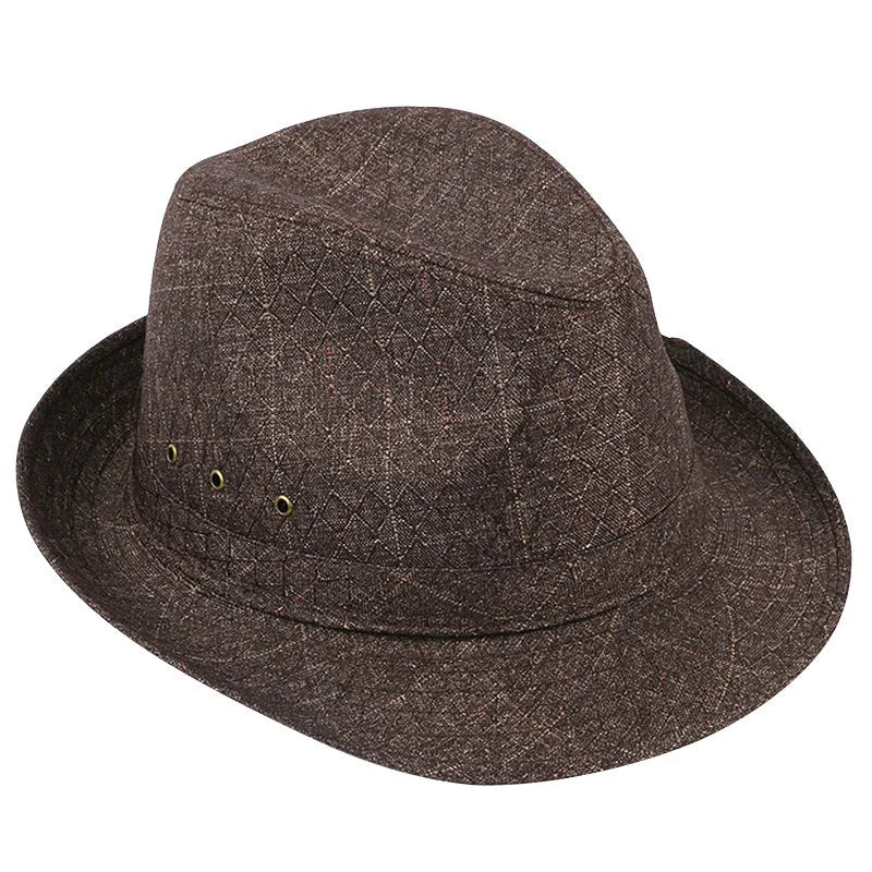 Men's black suit material fedora hat on a stand, showing classic brim shape.