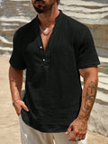 Men's solid colour short-sleeved stand collar casual shirt on a hanger.