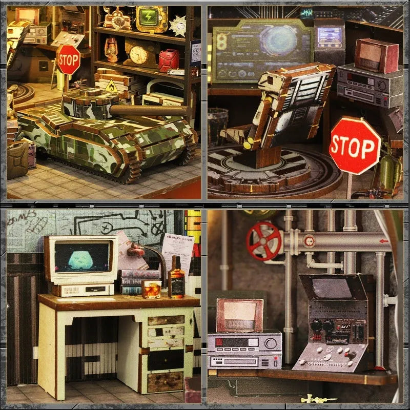 Wooden building block kit for a cottage book stand in military base colour, assembled on a desk