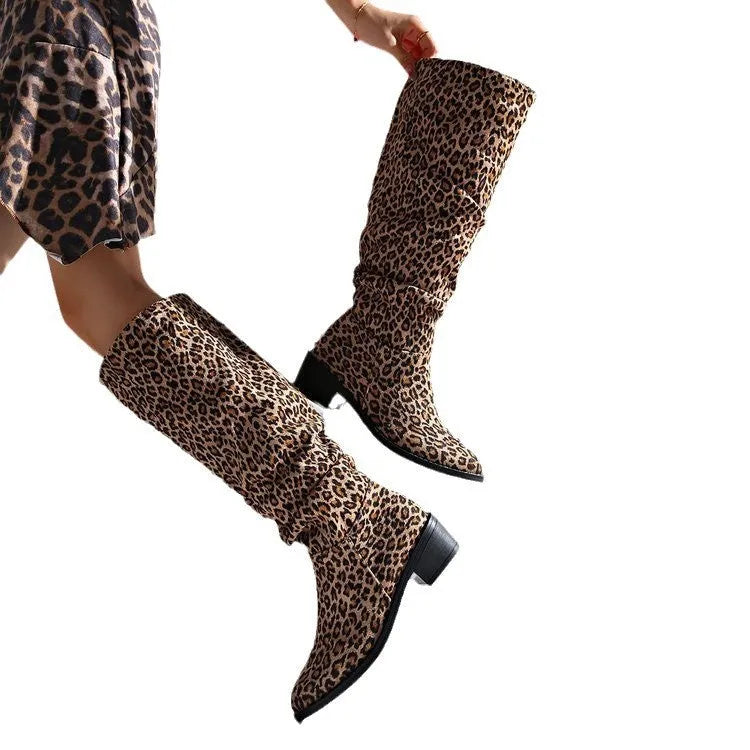 Brown leopard print women's boots with a square toe and chunky mid-height heel.