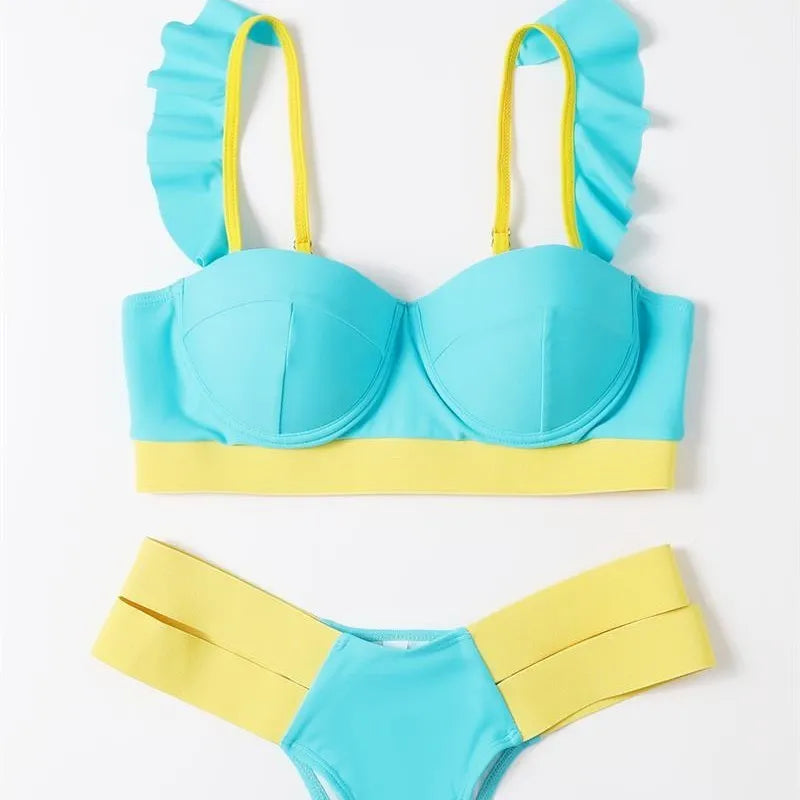 Women's two-piece bikini swimsuit with push-up underwire in contrast colours
