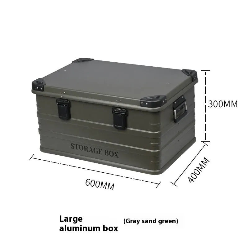 Waterproof vehicle-mounted storage box in medium and large sizes with Army Green, Black Aluminum, and Gray Sand Green colour options