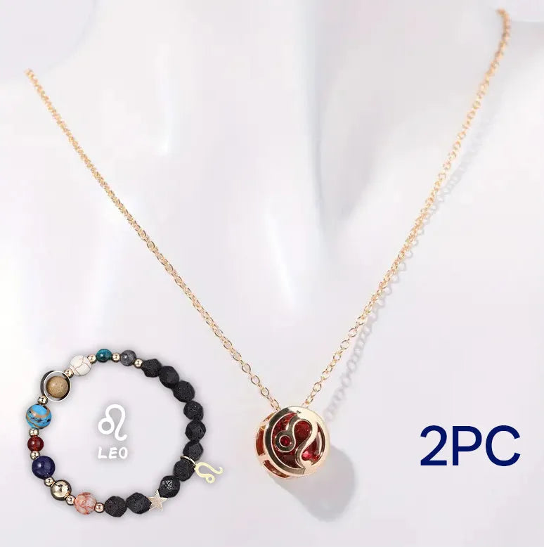 Natural stone beaded necklace and matching bracelet set on a textured background