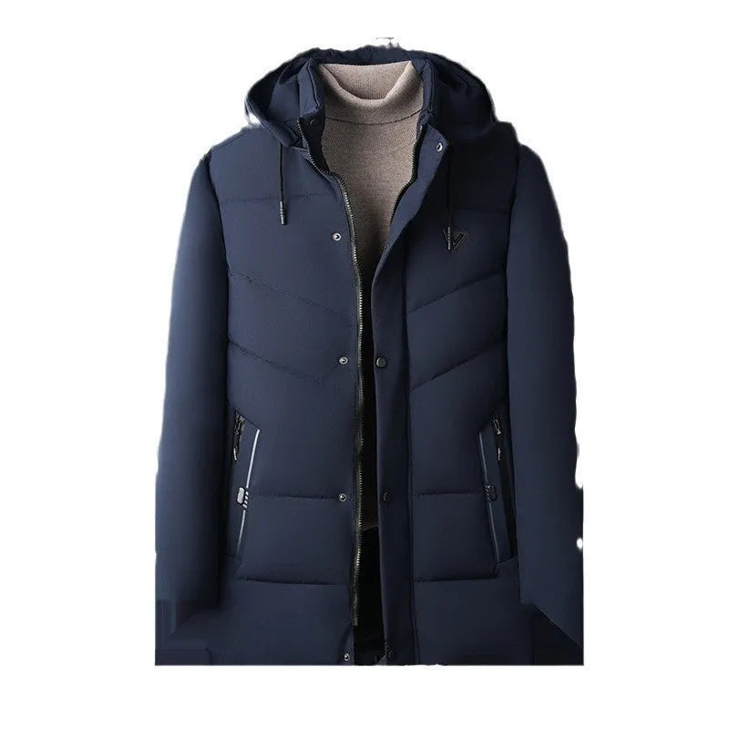 Men's extra thick down cotton-padded jacket in black, Korean casual cardigan style, regular fit, polyester fabric