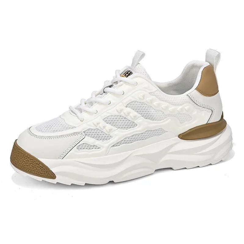 Men's white breathable mesh shoes with round toe design and PU mesh upper