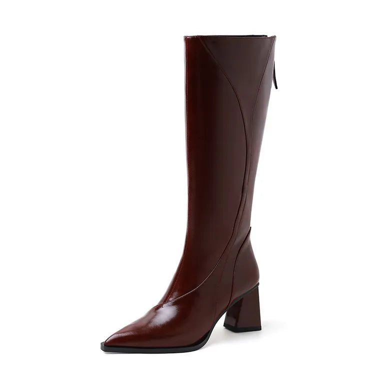 Retro Maillard women's high heel riding boots in black, brown, or wine red with waterproof platform soles