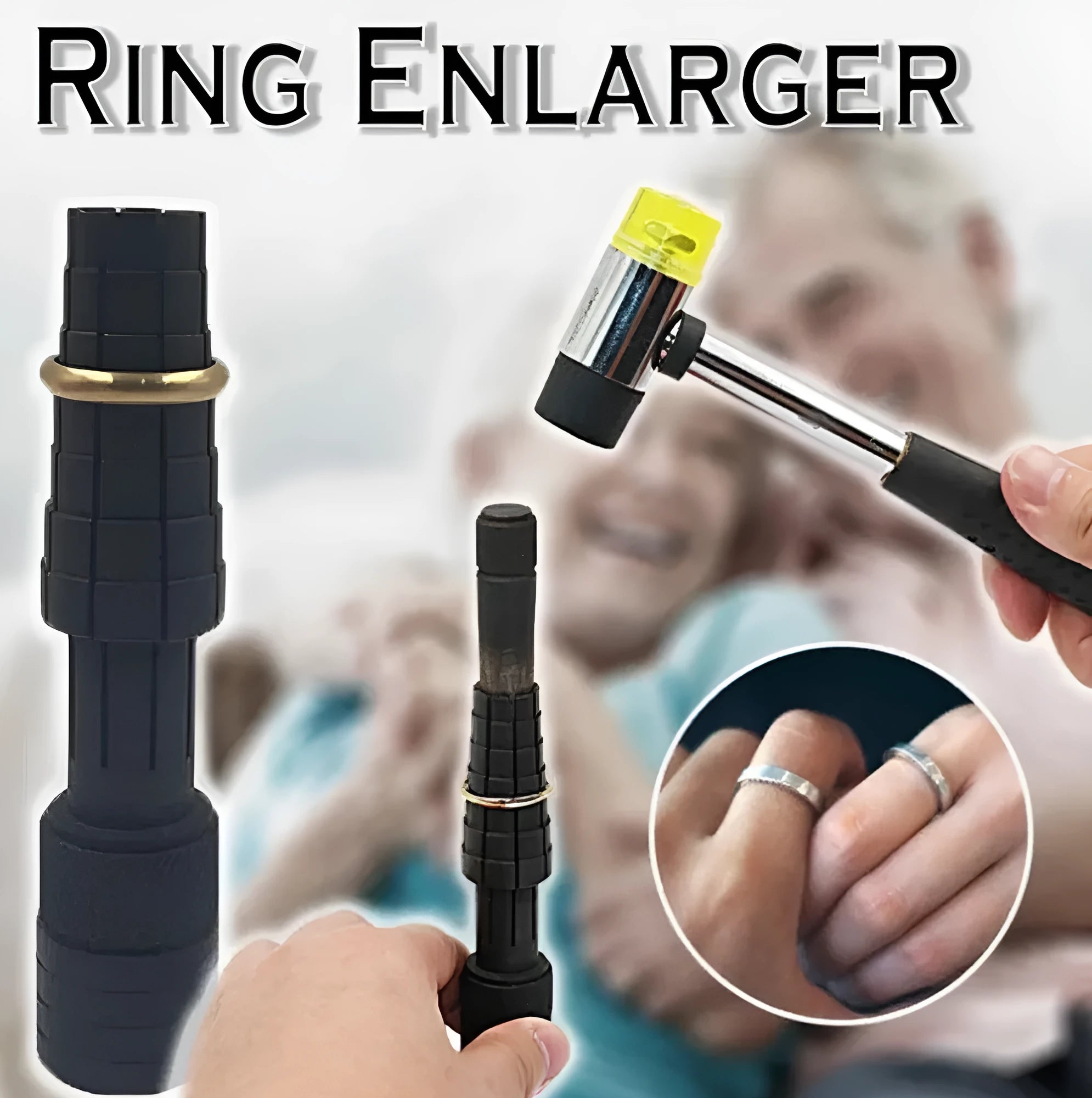 Plastic ring expansion tool with circular stretcher design for resizing metal jewellery bands.