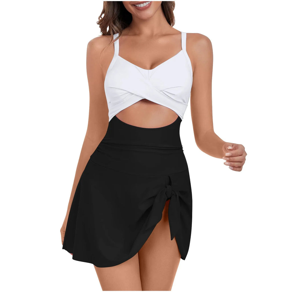Women's strapped one-piece swimsuit in a solid colour, shown on a model, with European and American sizing.