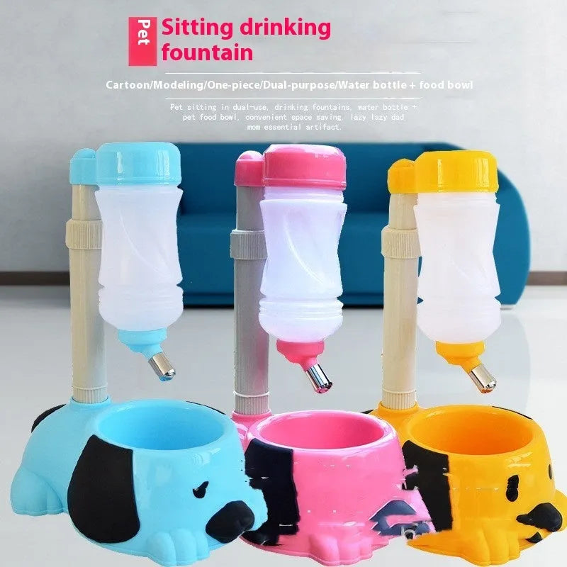 Adjustable plastic pet drinking bowl in blue on a rod stand