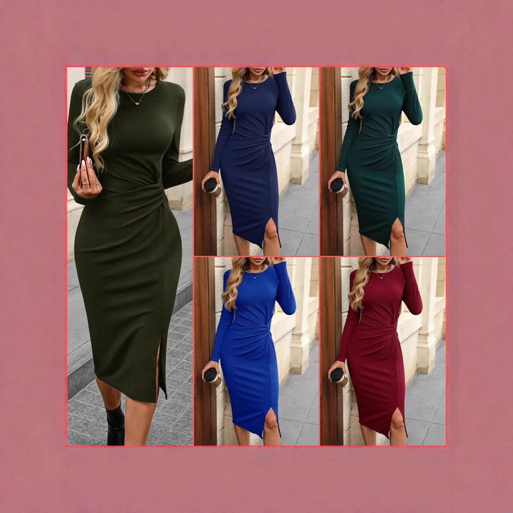 Solid colour knot waist bodycon dress with slit hem in army green, mid-length pencil style with long sleeves