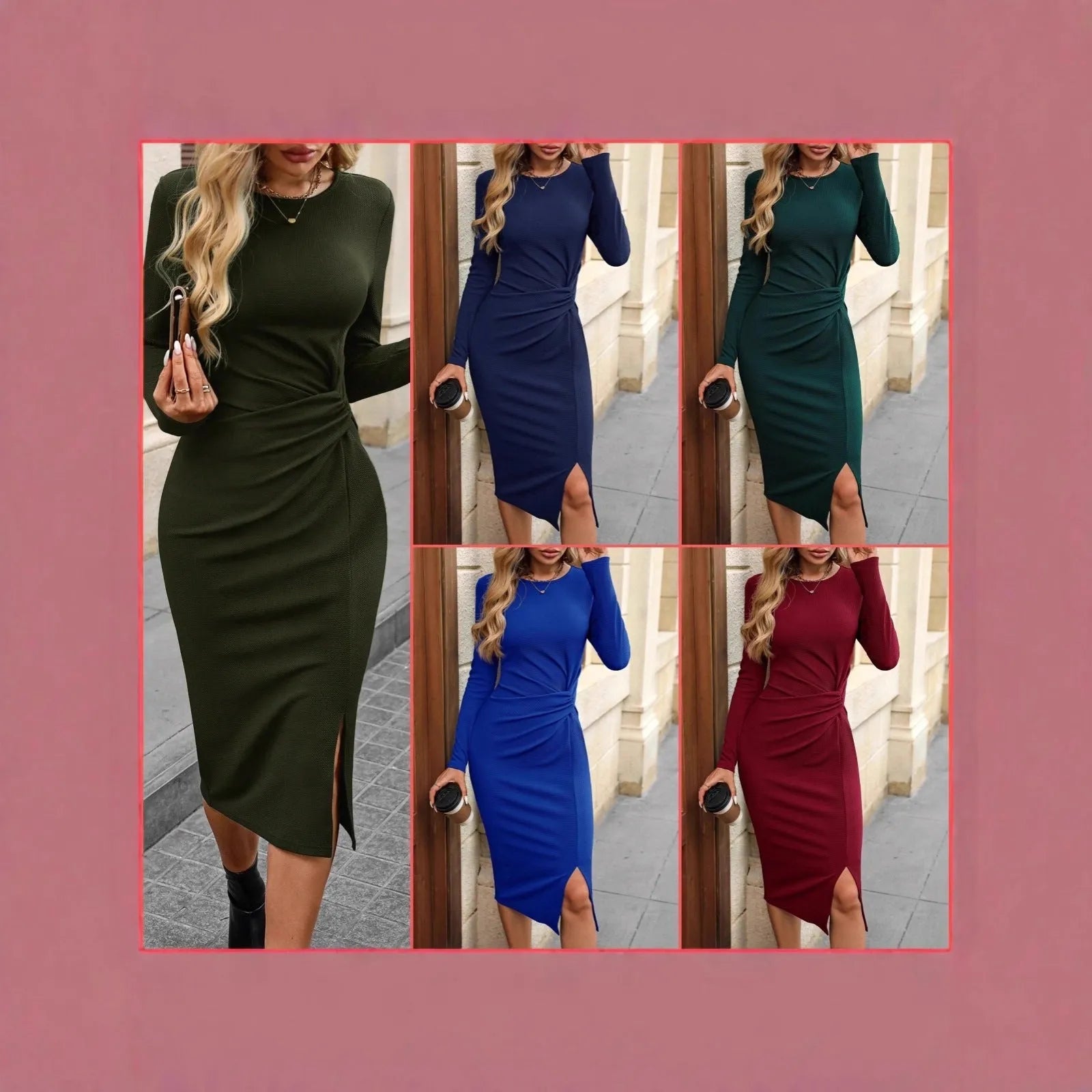 Solid colour knot waist bodycon dress with slit hem in army green, mid-length pencil style with long sleeves