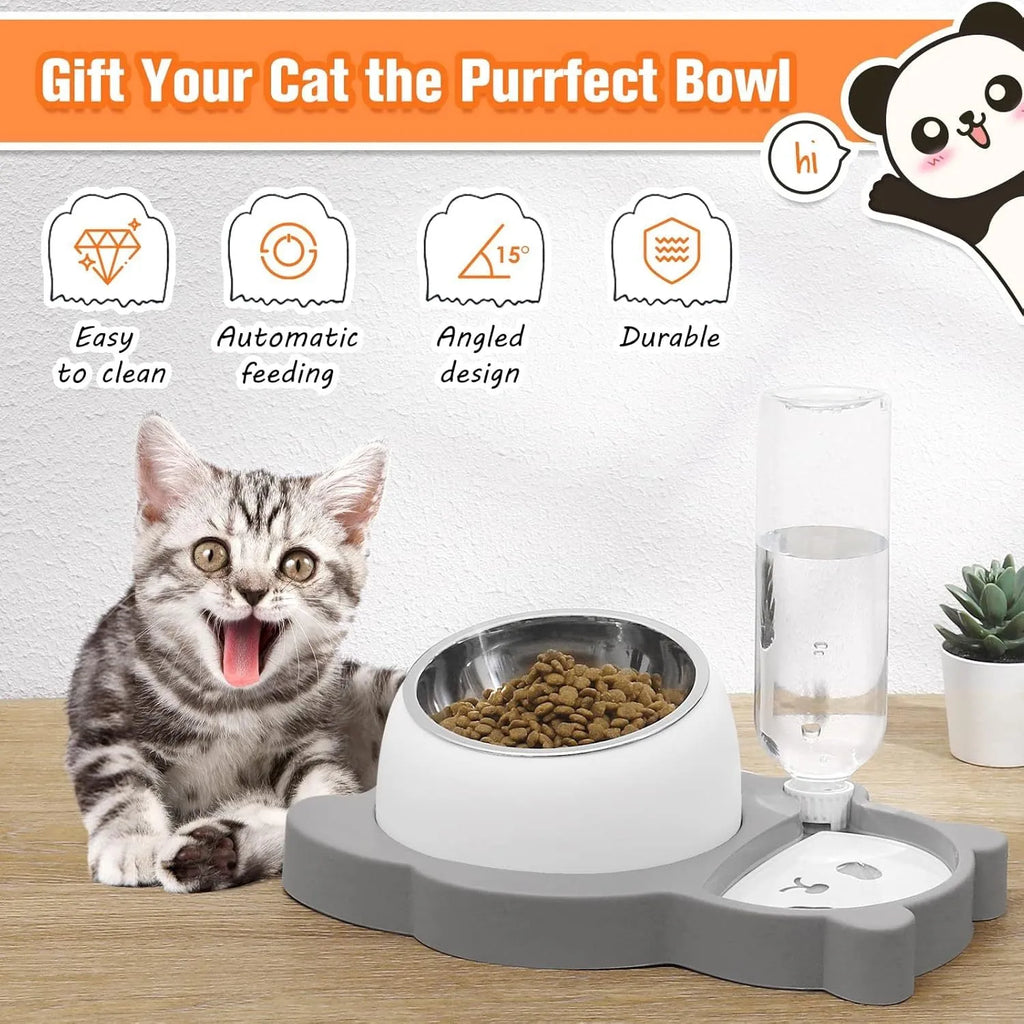 Grey panda-shaped tilted elevated pet feeder with stainless steel bowls and automatic water bottle