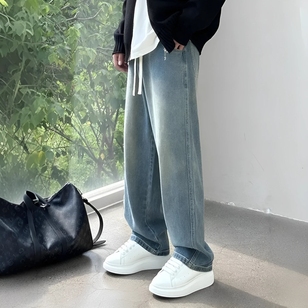 Men's blue straight-leg denim trousers with drawstring waist for casual spring summer wear