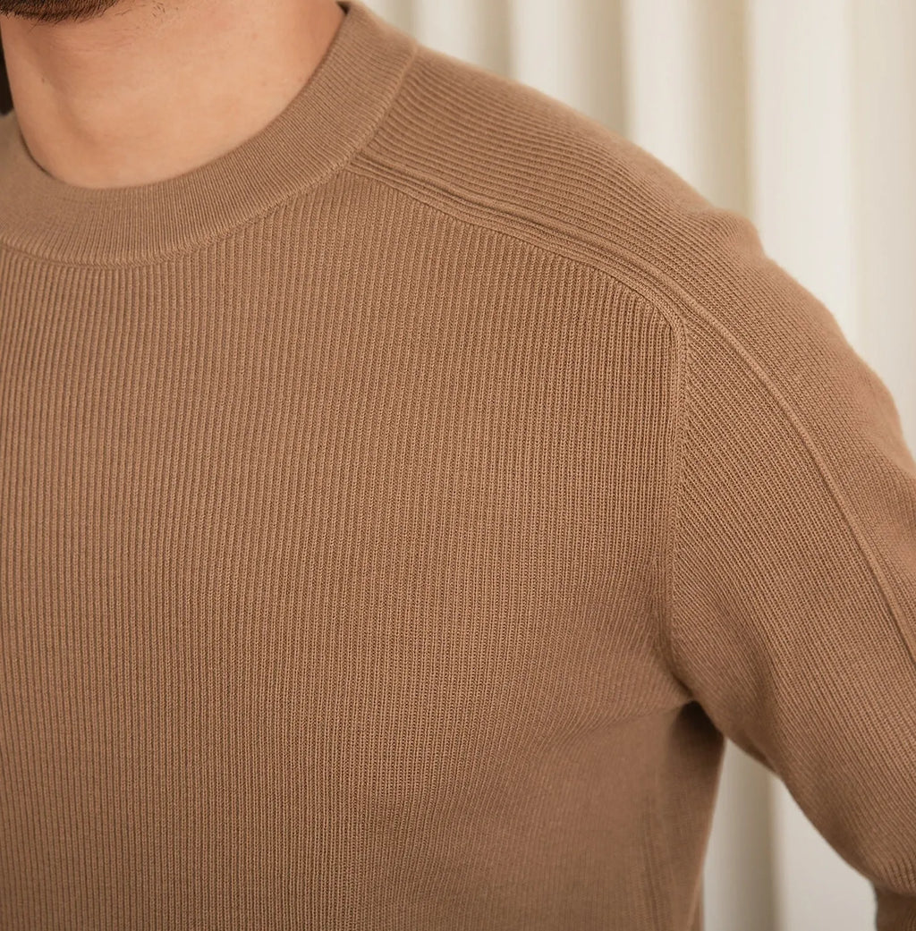 Men's slim fit casual knit shirt in clay colour, button down front, long sleeves, soft polyester nylon acrylic wool blend