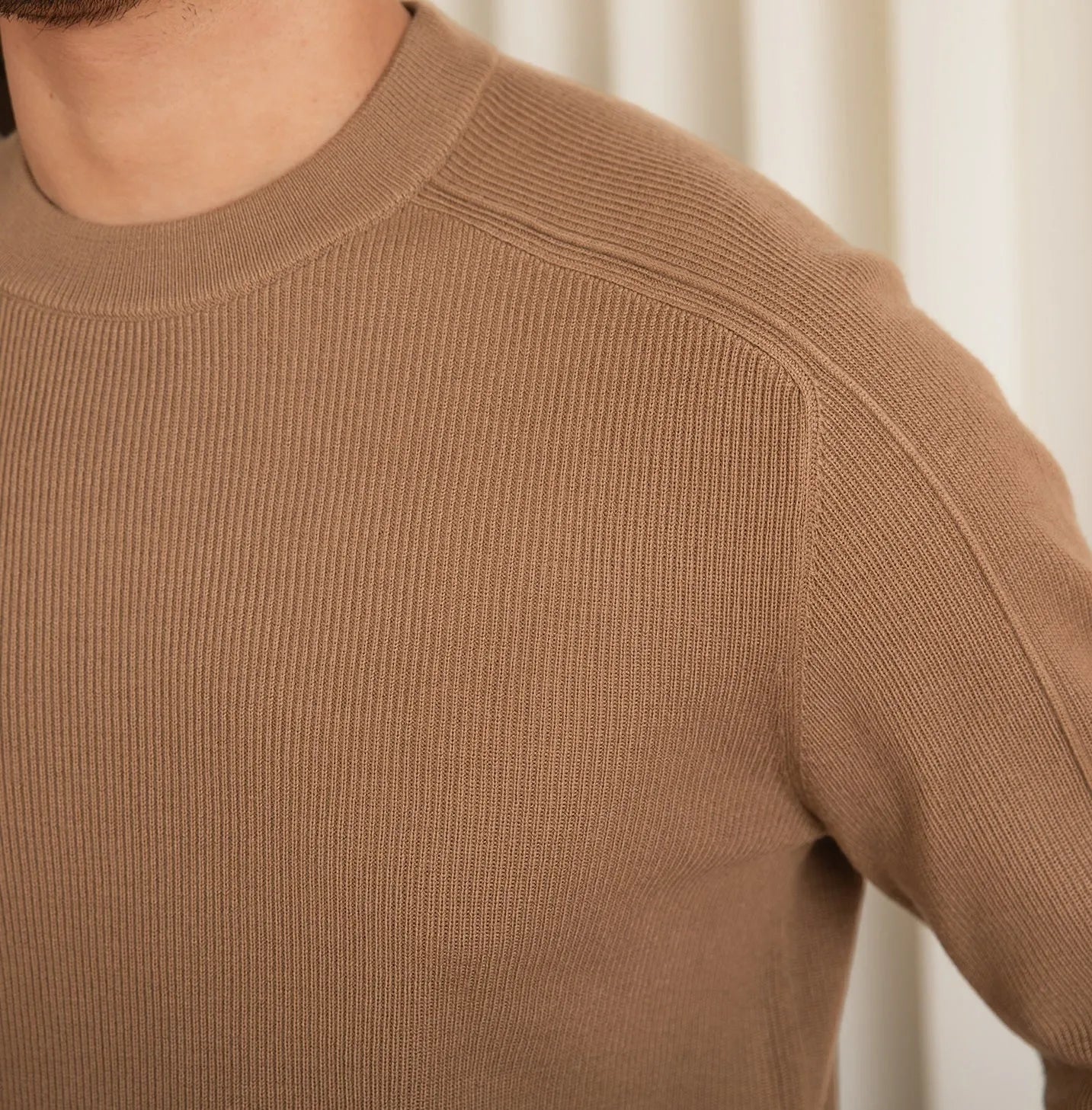 Men's slim fit casual knit shirt in clay colour, button down front, long sleeves, soft polyester nylon acrylic wool blend