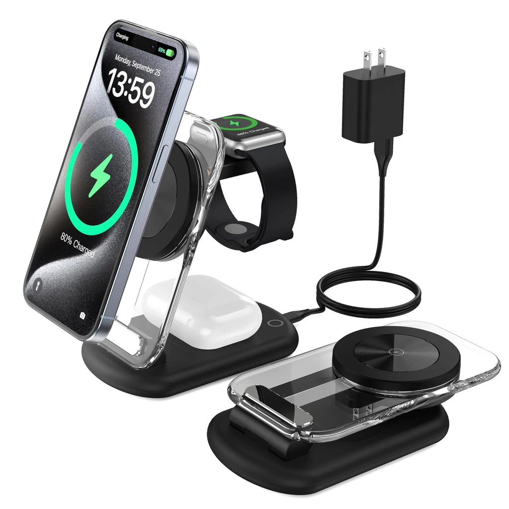Transparent folding 3-in-1 magnetic wireless charger in black on a desk