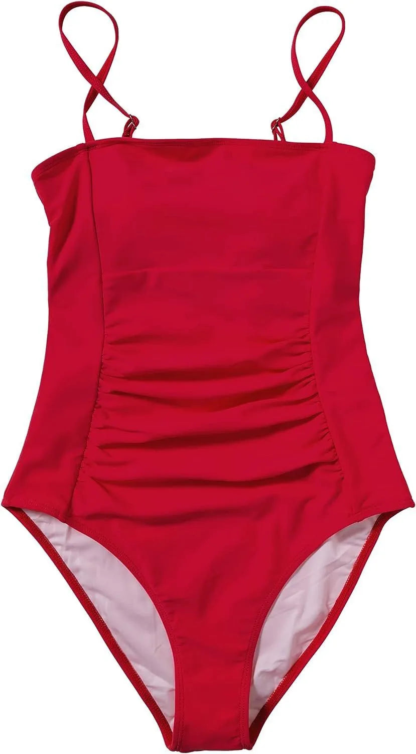 Women's solid colour tight one-piece swimsuit in black, shown sleeveless and close-fitting.