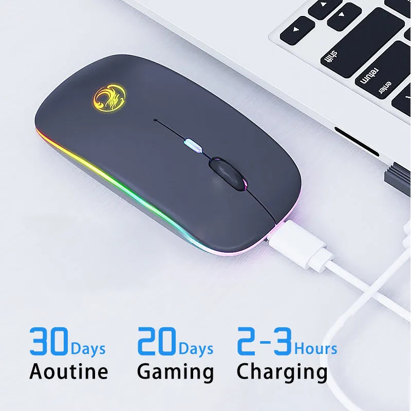 A black or white silent wireless charging mouse with dual-mode Bluetooth and 2.4G connectivity.