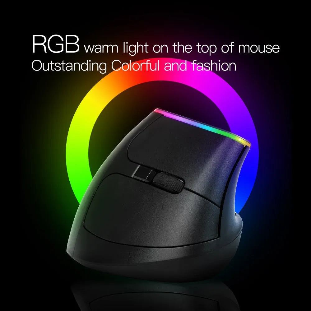 Black and white M618C wireless vertical ergonomic mouse with RGB lighting, shown from the side.