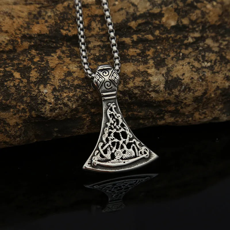 Retro men's high-end titanium steel axe pattern pendant necklace with O-link chain on white background