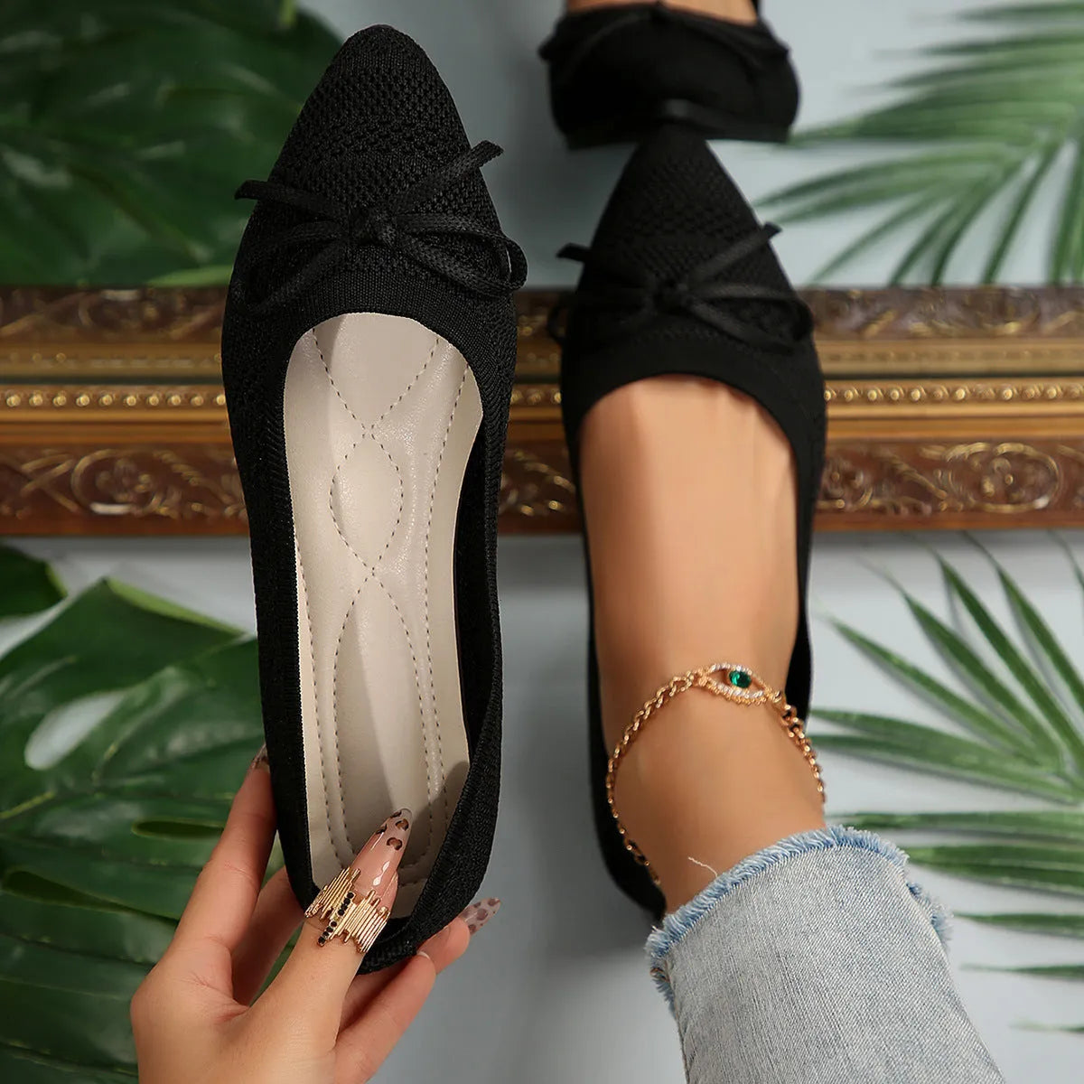 Women's knitted flat shoes with a pointed toe and decorative bow, shown in multiple colour options.