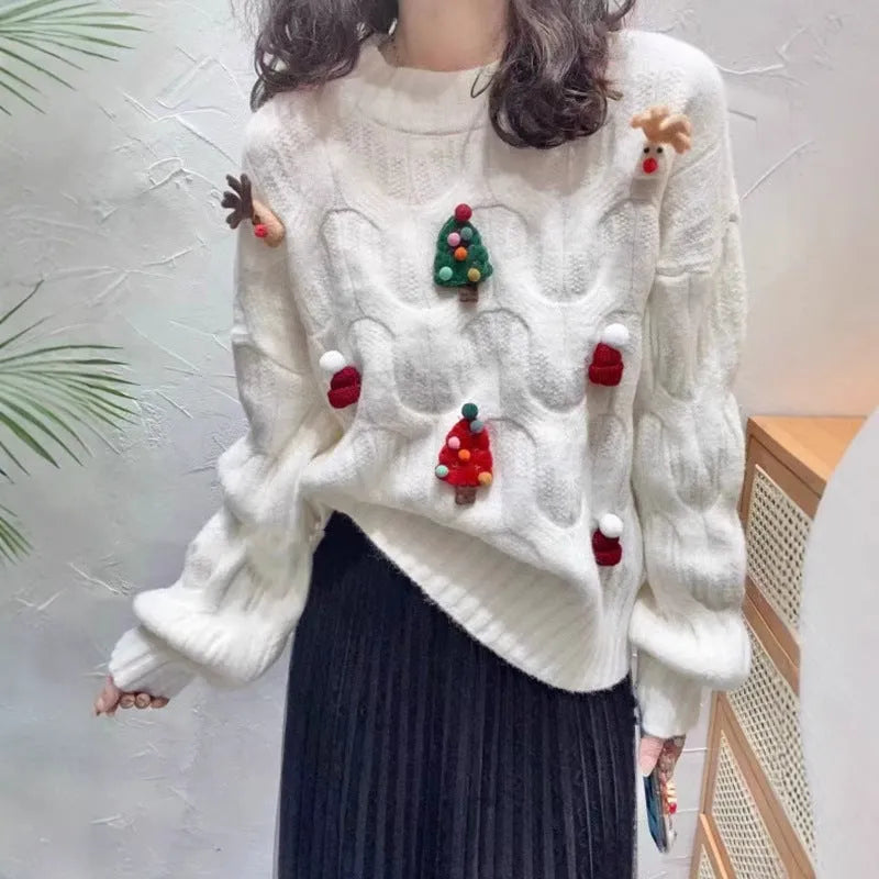 Western style loose slimming sweater top long sleeve pullover in white