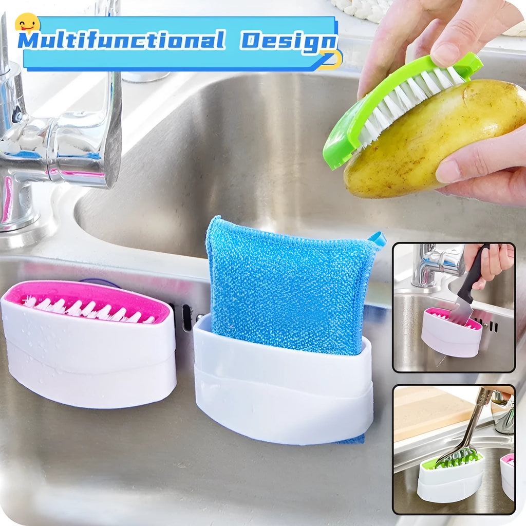 Kitchen cleaning brush with suction cup base and cutlery grooves in blue, green or pink